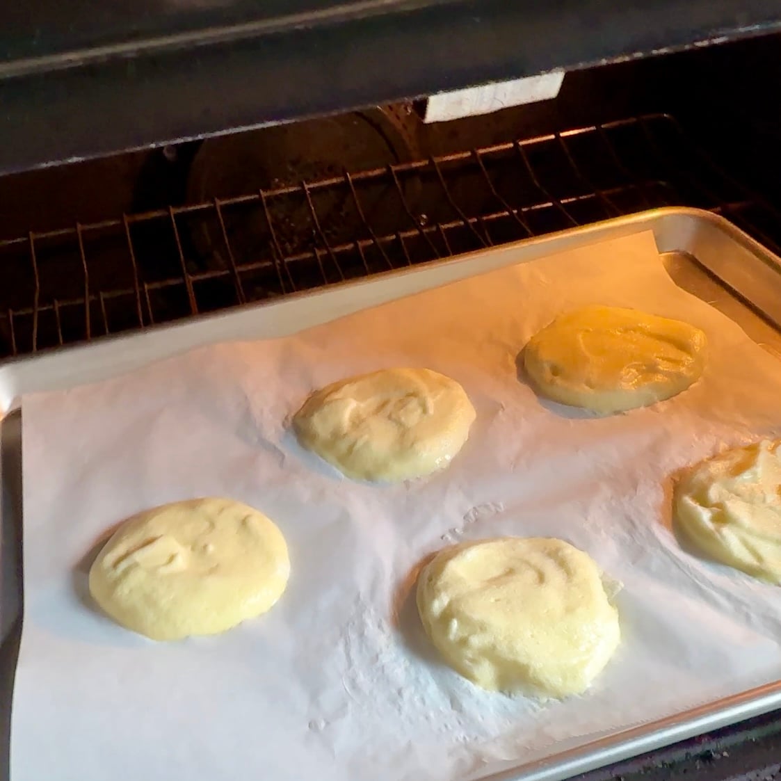 baking the cottage cheese cloud bread circles in the oven