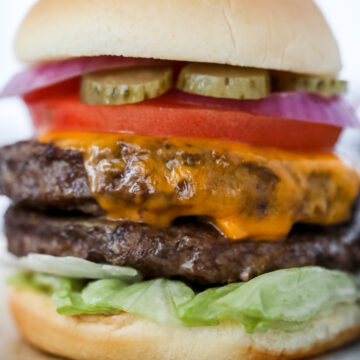 the best air fryer burgers using homemade meat patties featured double stacked on a bun