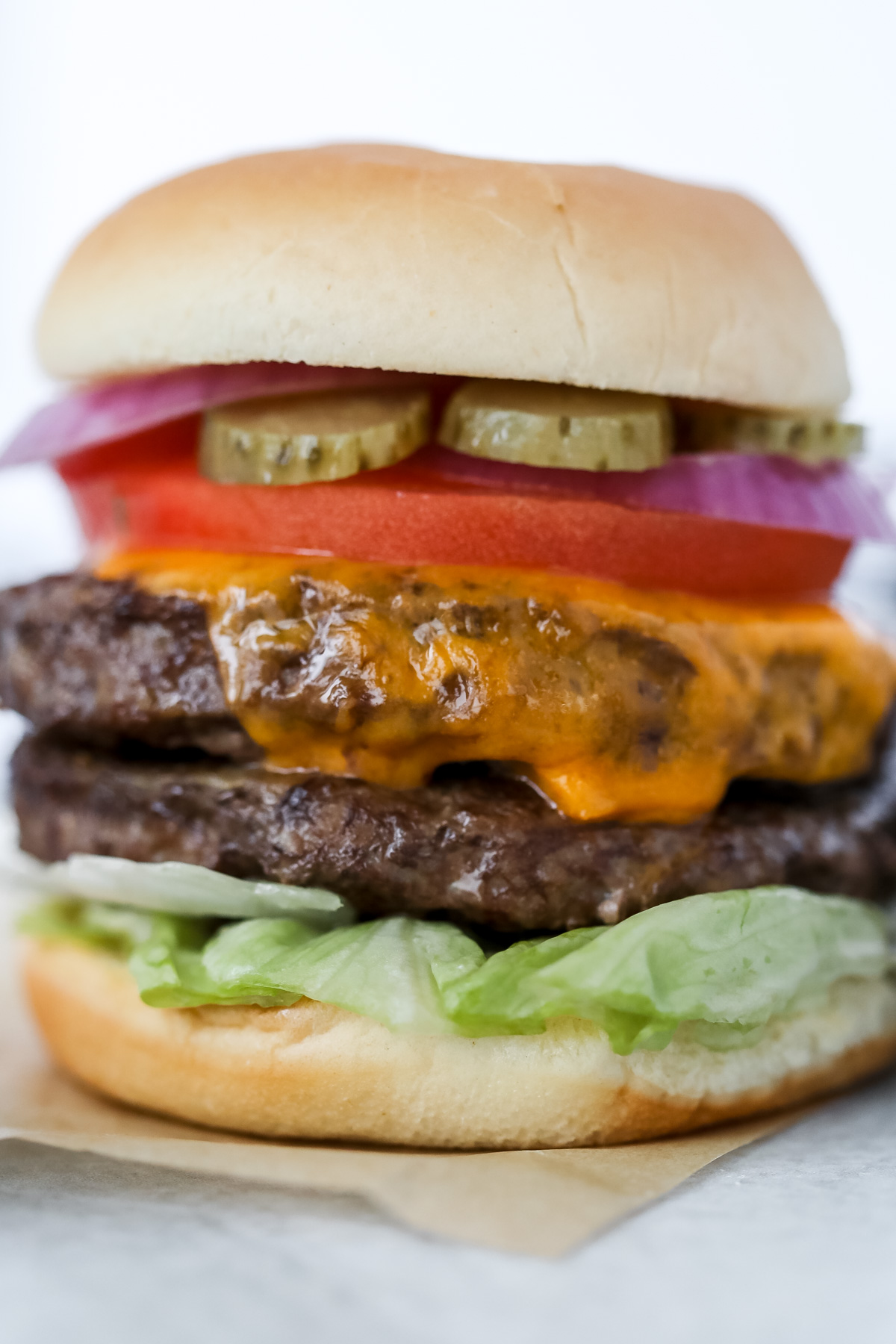 the best air fryer burgers using homemade meat patties featured double stacked on a bun