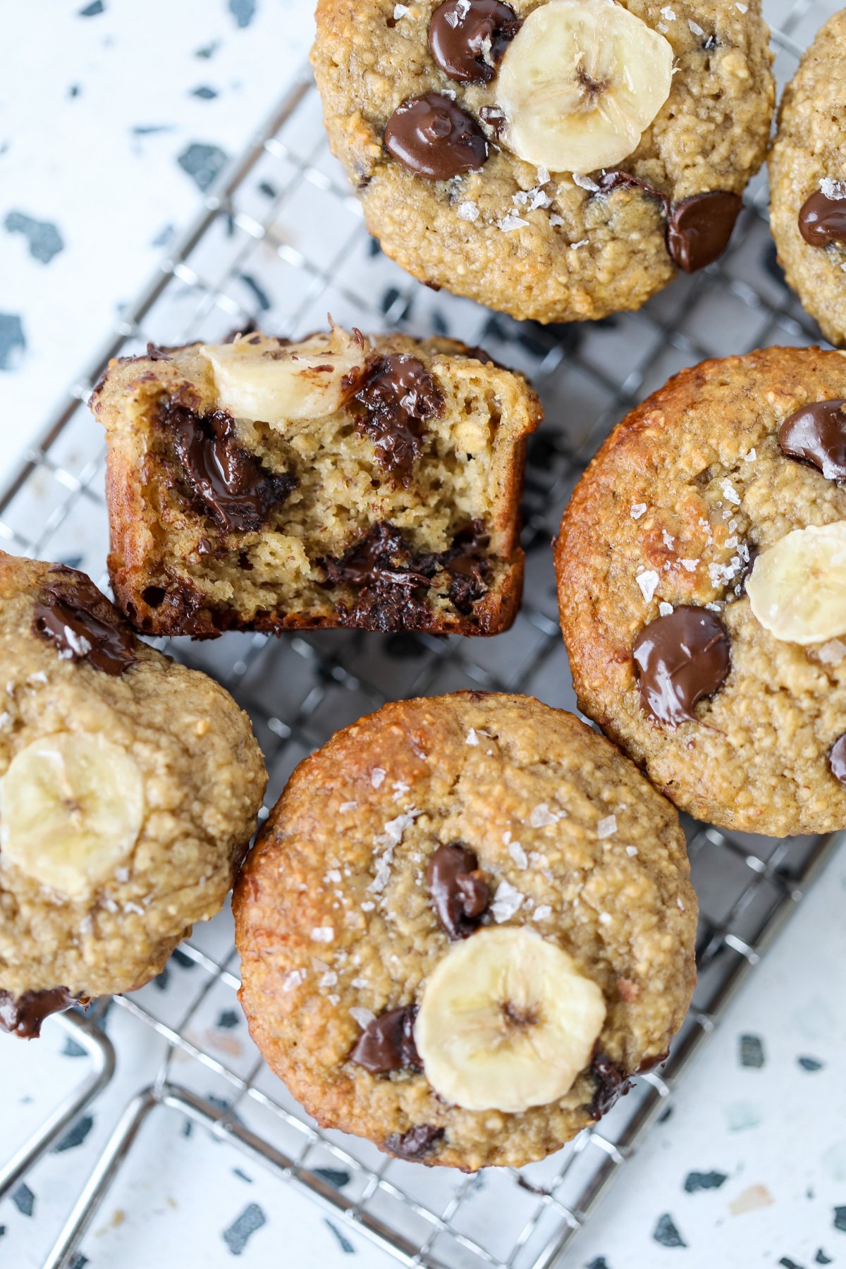 chocolate chip banana protein muffins resting after baking made with oat flour and blended cottage cheese