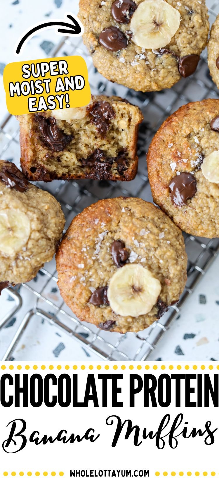 chocolate protein banana muffins pin for social media