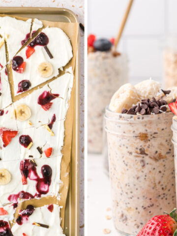 high protein greek yogurt recipes collage include yogurt bark and overnight oats with greek yogurt