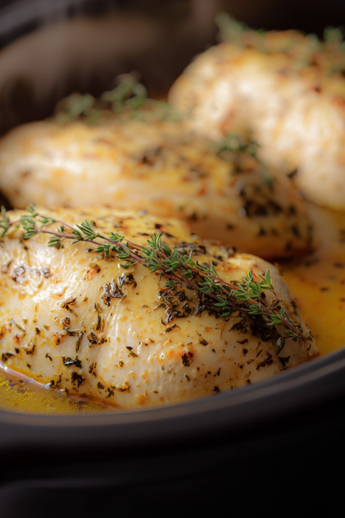 no carb crockpot boneness skinless chicken breasts topped with herbs in juice