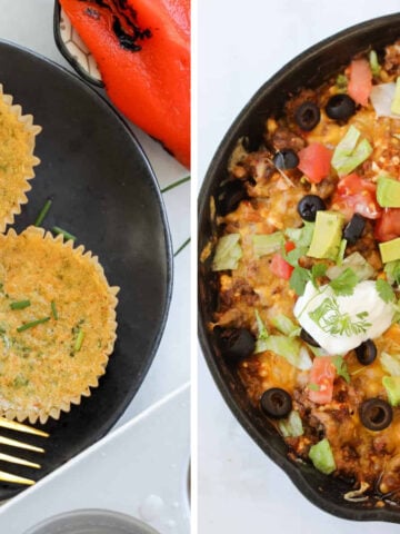 collage of simple high protein cottage cheese recipes like tacao casserole and egg bites