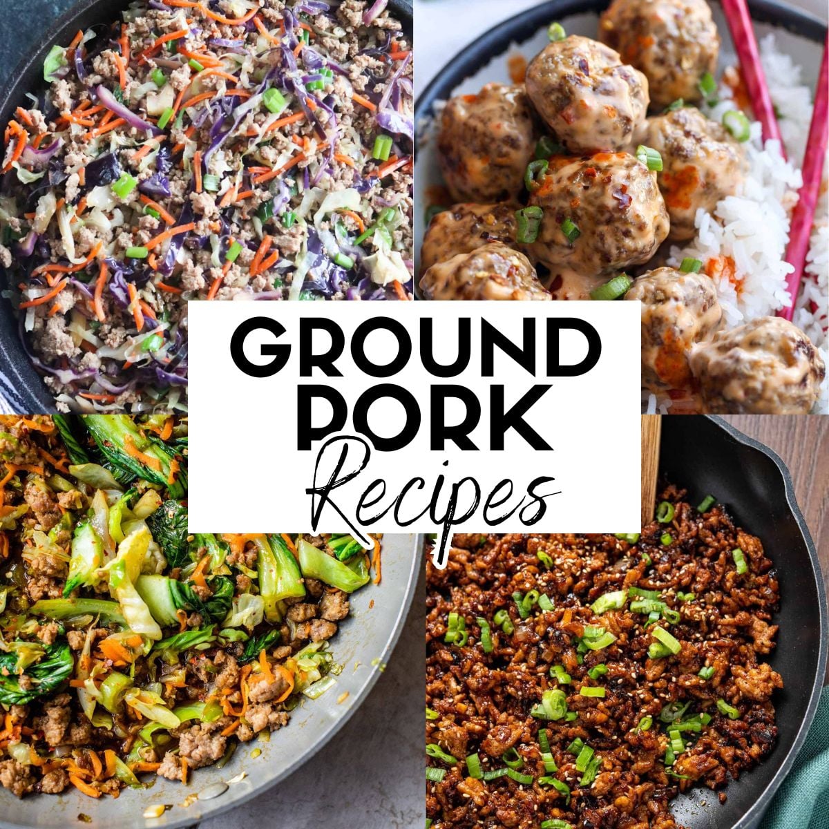 a collage of easy ground pork recipes with few ingredients