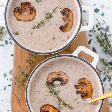 creamy high protein mushroom soup without cream in white soup bowls