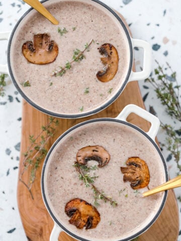 creamy high protein mushroom soup without cream in white soup bowls