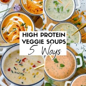 low calorie high protein vegetable soup recipes collage including carrot broccoli tomato and corn