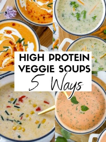 low calorie high protein vegetable soup recipes collage including carrot broccoli tomato and corn
