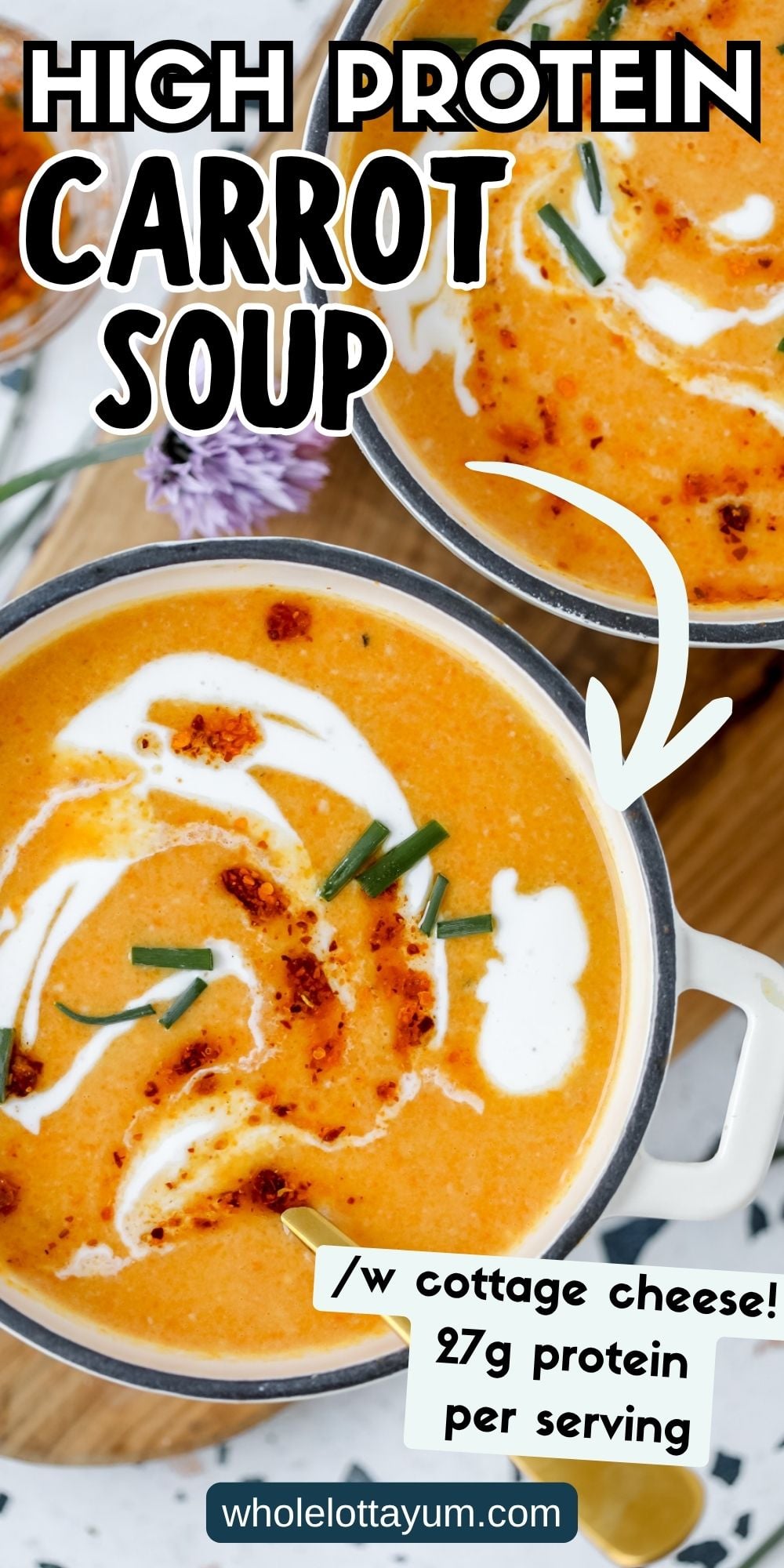 high protein carrot soup with cottage cheese pin for pinterest