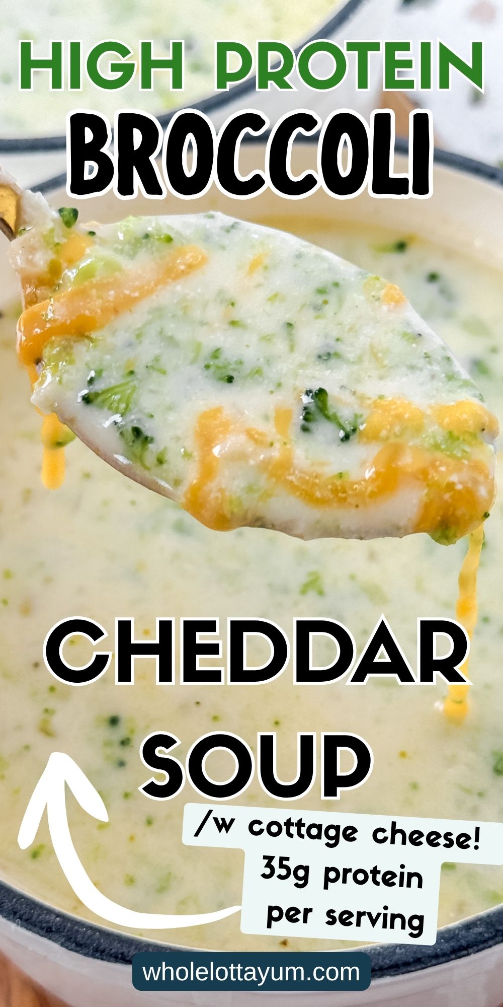 high protein broccoli cheddar soup pin for pinterest