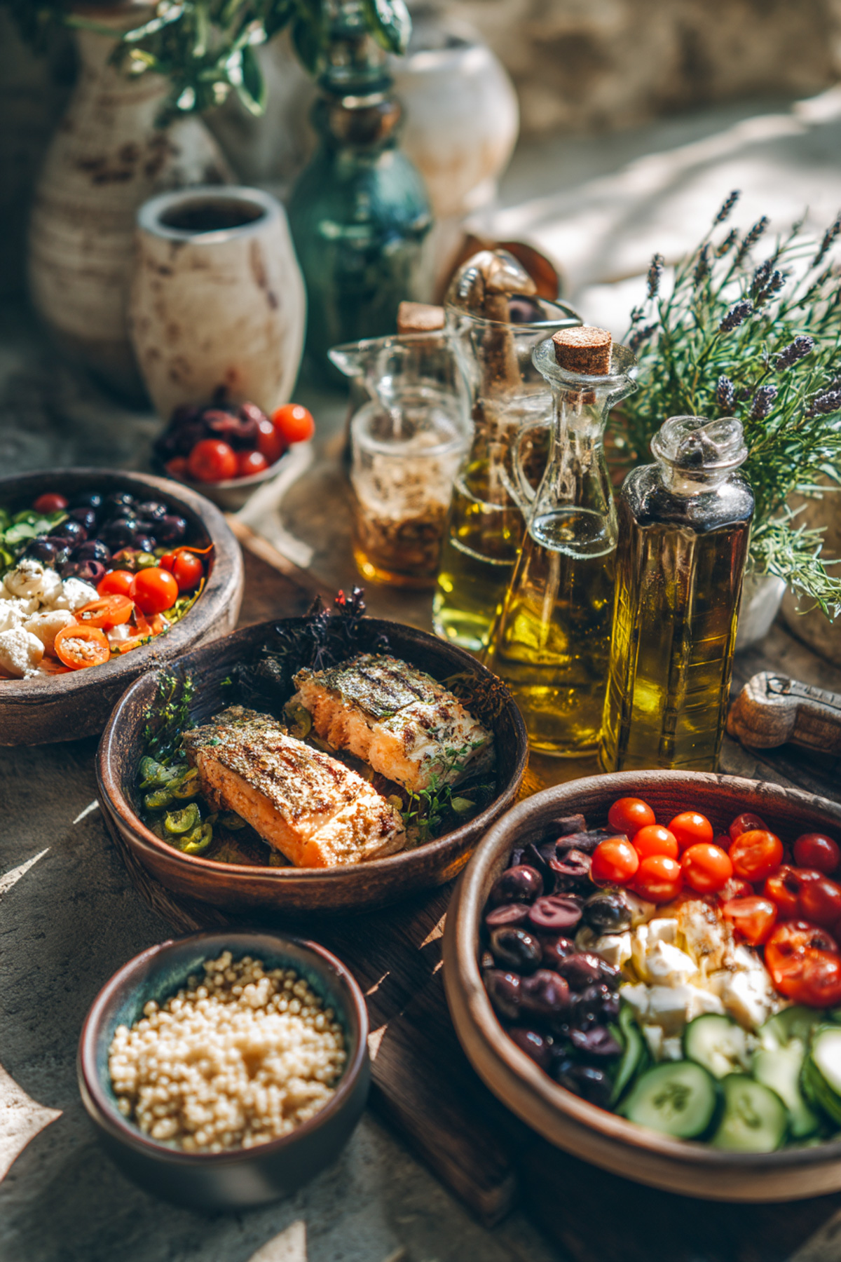 mediterranean diet foods list with healthy options on a rustic countertop 