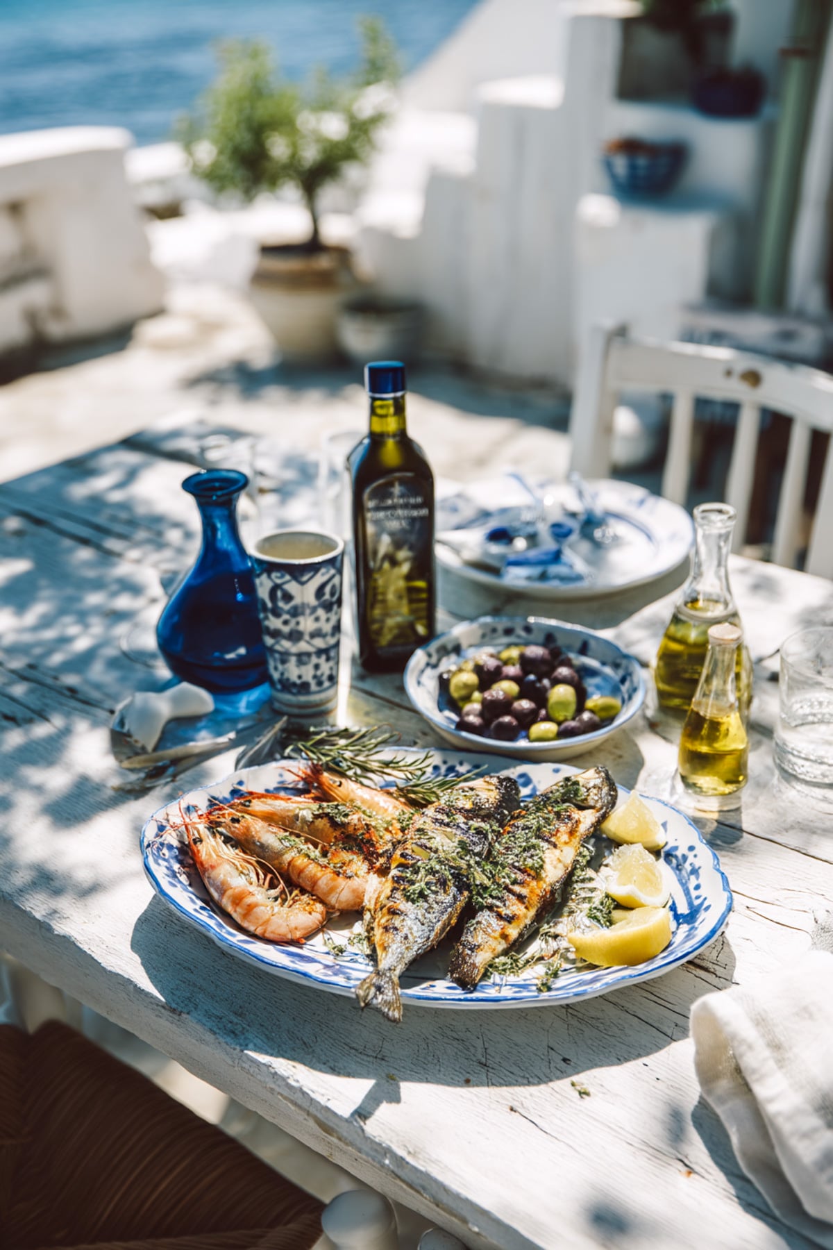 mediterranean diet food list featuring greek coastal foods like seafood and olives