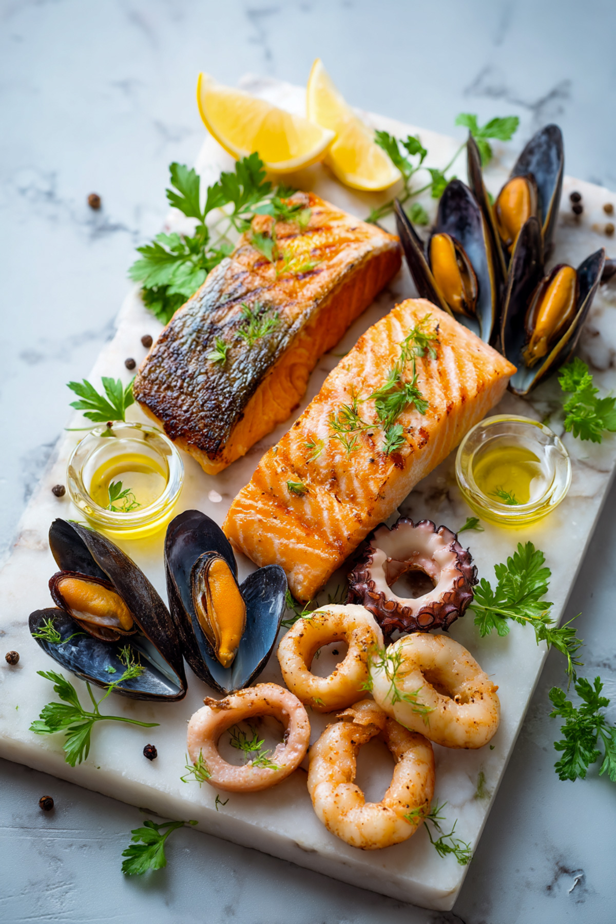 mediterranean diet food list of protein sources like fish calamari mussels and prawns