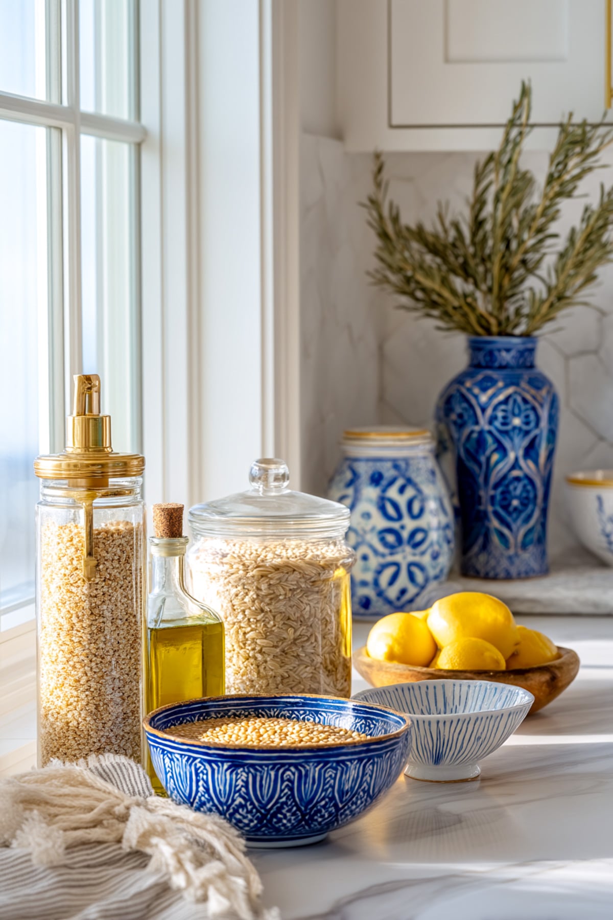 mediterranean diet food list of grains in a greek kitchen