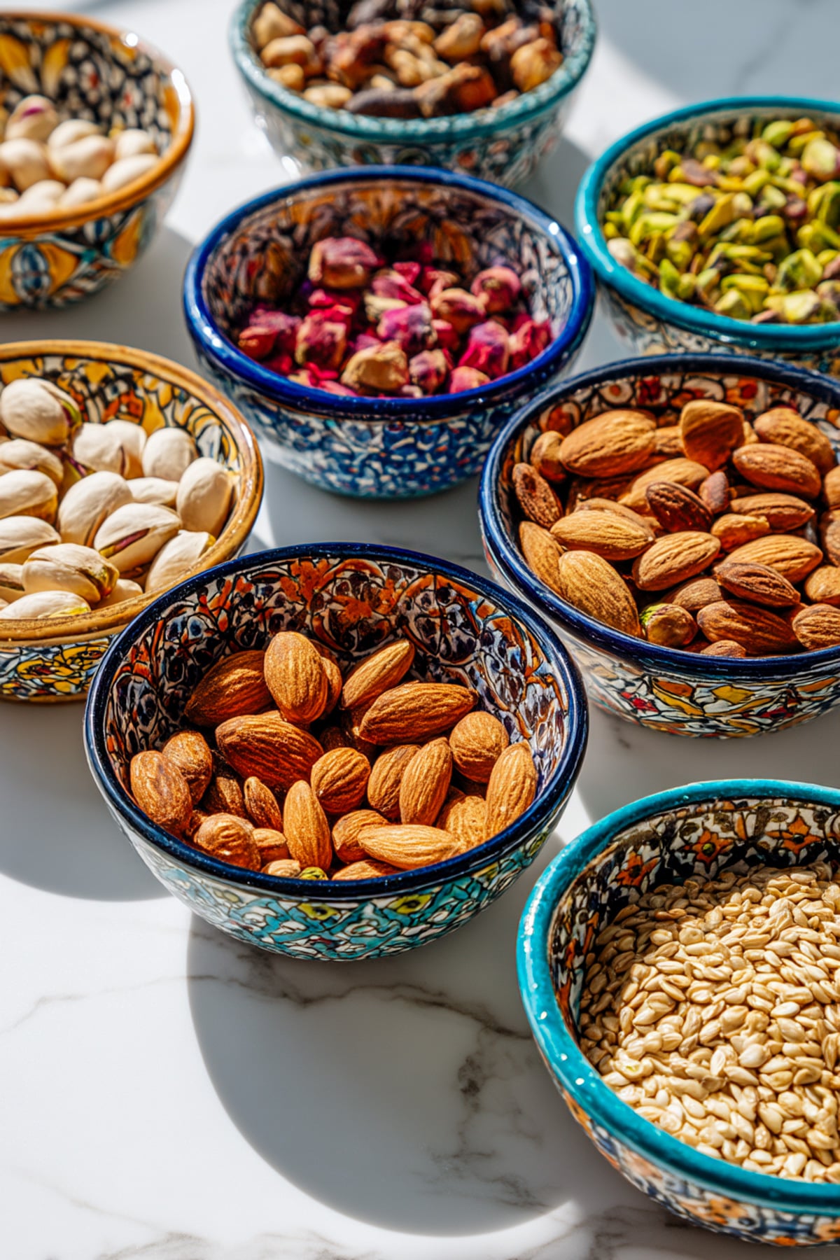 mediterranean diet food list of nuts and seeds in turkish bowls