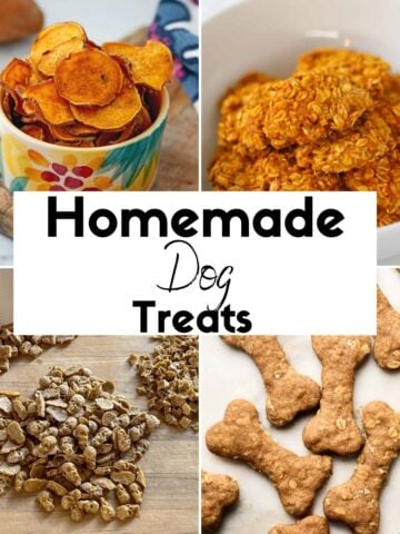 collage of homemade dog treats featuring no bake recipes and baked recipes