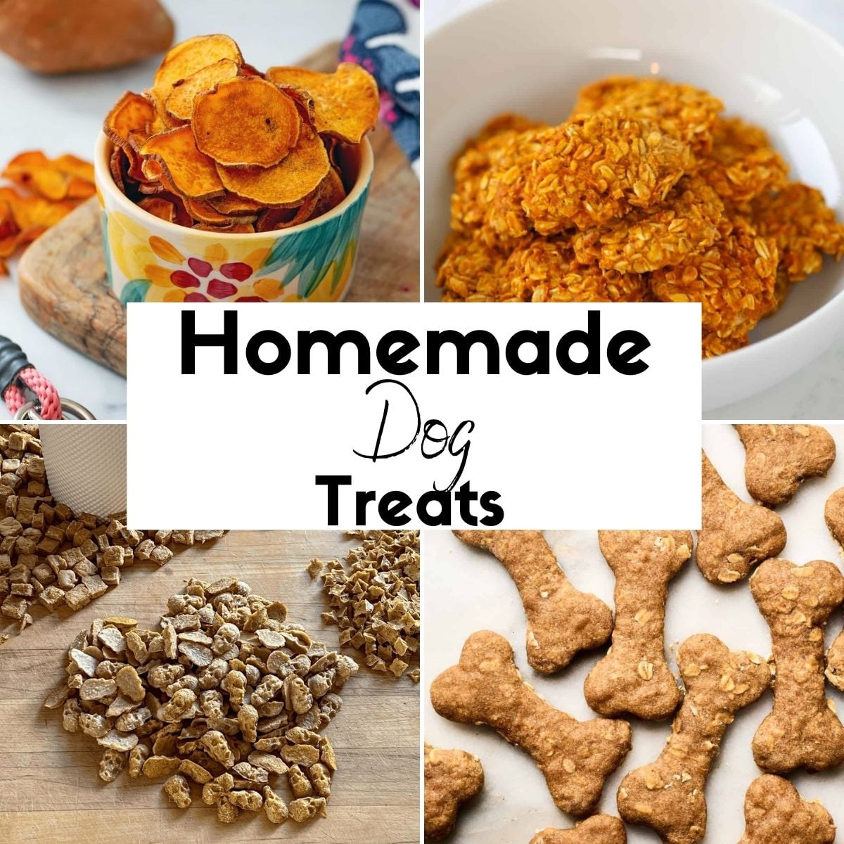 collage of homemade dog treats featuring no bake recipes and baked recipes