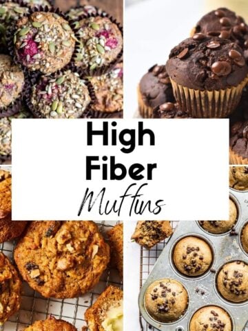 Featured image featuring 4 pictures of high fiber muffins.