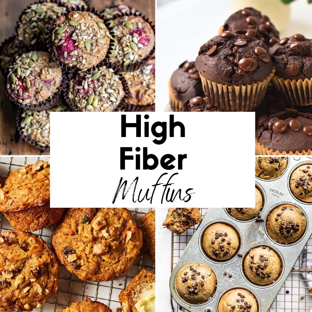 Featured image featuring 4 pictures of high fiber muffins.