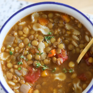Bowl of high protein lentil soup.
