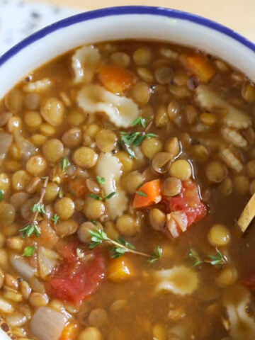 Bowl of high protein lentil soup.