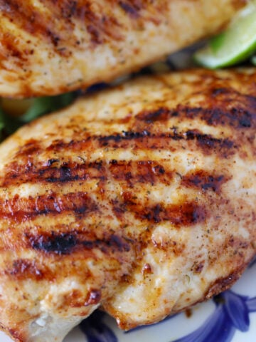 close up of ninja foodi grill chicken breasts on a blue and white plate