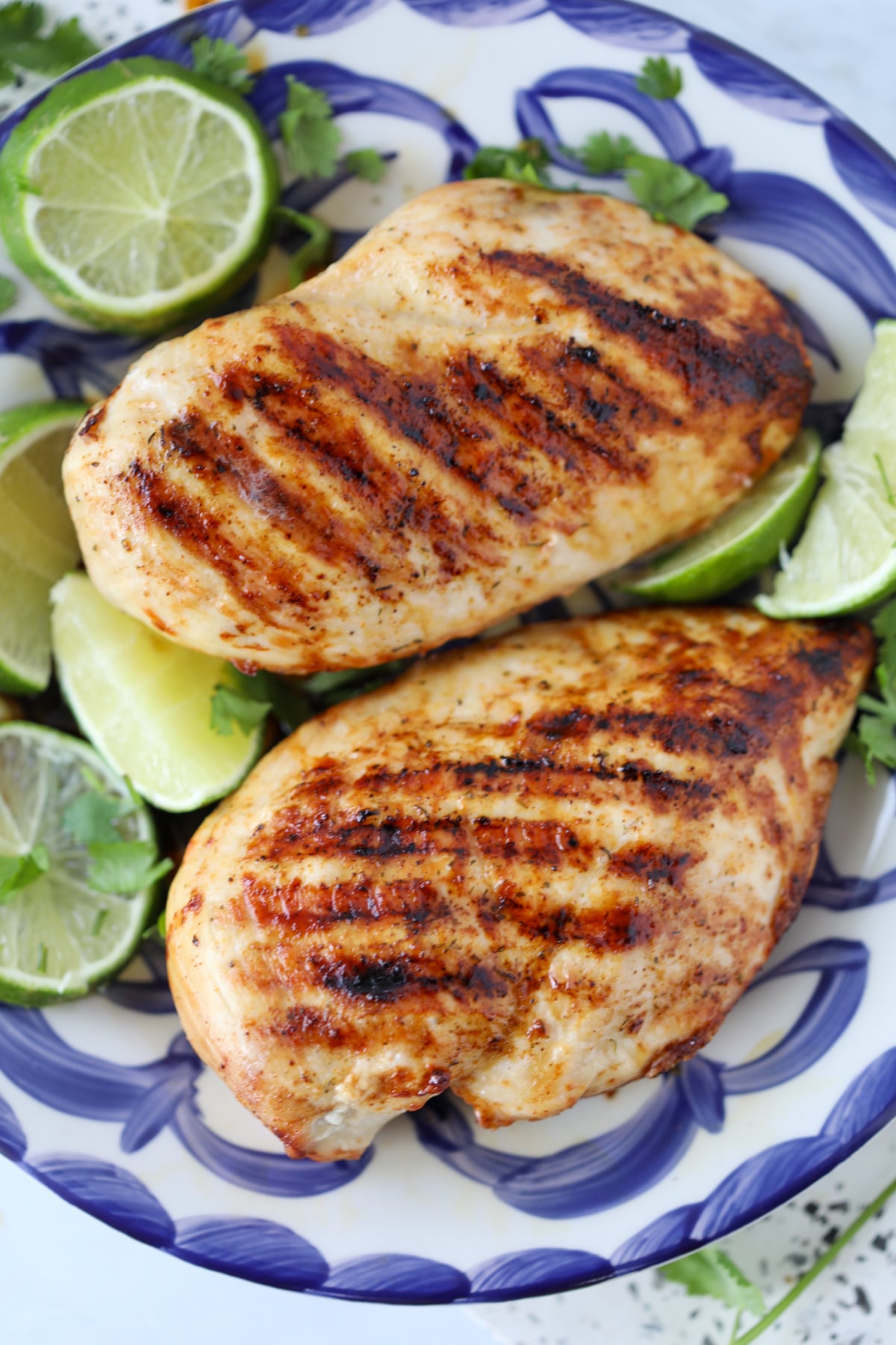 two boneless skinless chicken breasts on a blue and white plate with grill lines after cooking on a ninja foodi grill